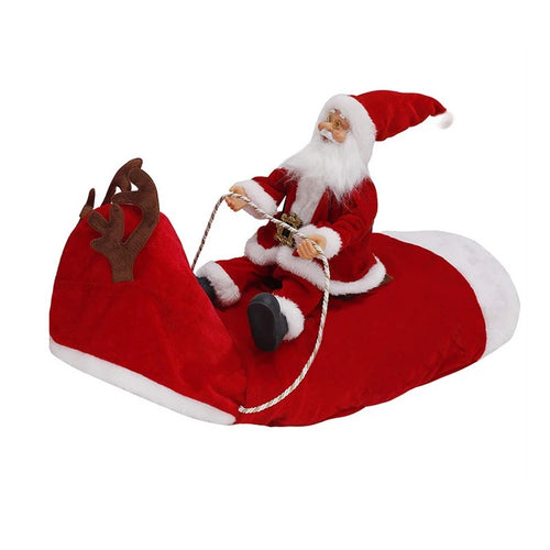 Style Rouge classique : Père Noël en peluche sur traîneau rouge à bois de renne