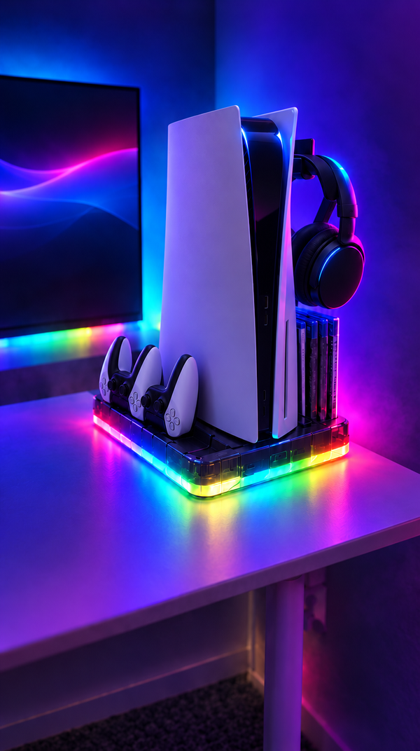 Three-quarter view with headset hook and game storage